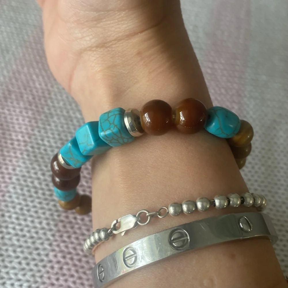 Natural Turquoise and agate Brown Beaded Bracelet NEW